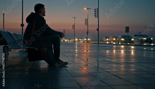 Solitary Individual Sitting at Train Station During Twilight Hours