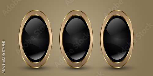 Group of three Luxury Oval Buttons, Symbols, with sophisticated vertically-oriented oval button featuring a deep, glossy black center with soft reflections Vector