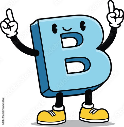 Cartoon letter b character with arms and legs pointing upwards on a white isolated background