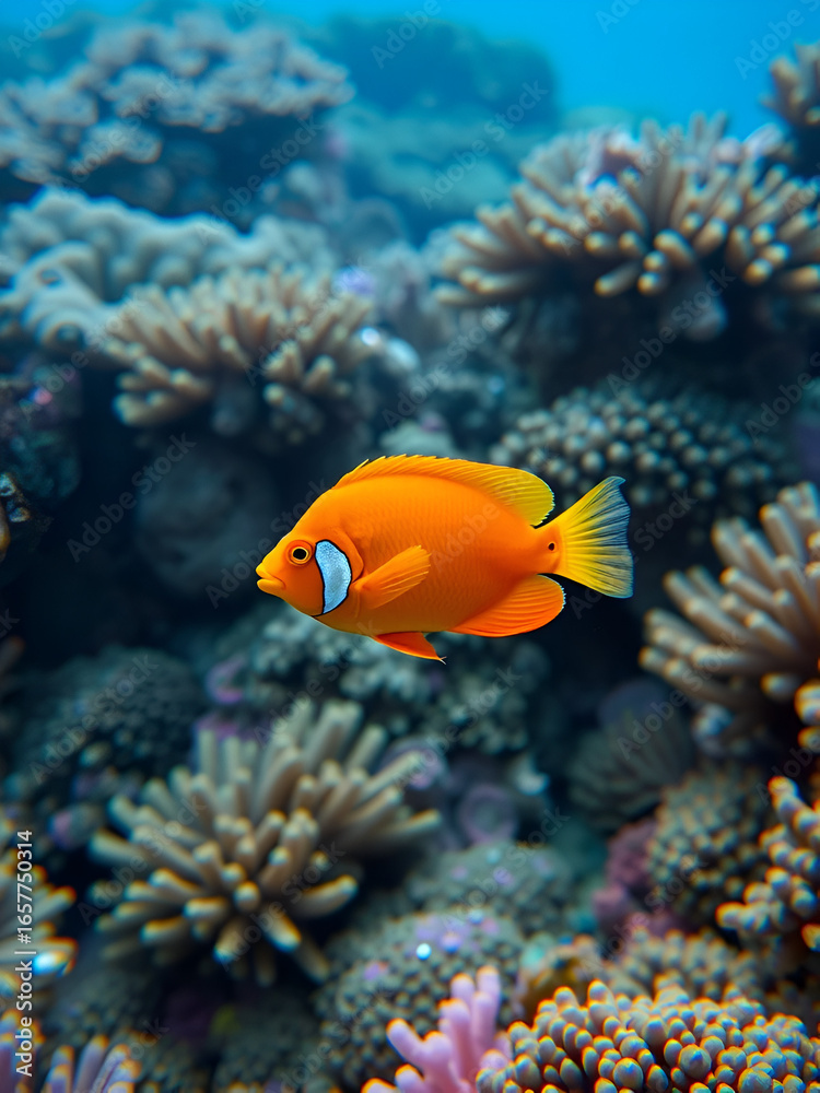 Obraz premium Vibrant orange fish swimming gracefully in a coral reef