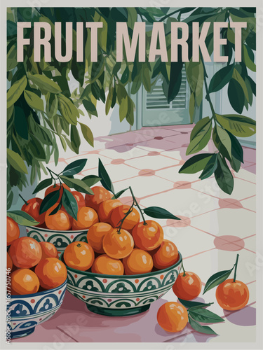 Retro fruit market poster in mid-century hand-drawn vector style, featuring vibrant oranges in patterned bowls on a sunlit Mediterranean courtyard. Instant download wall art