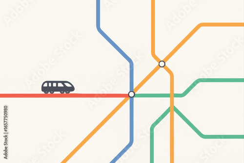 Minimalist subway map design with colorful lines and train icon. Simple and modern illustration