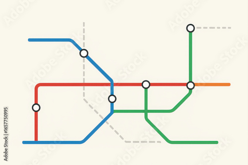 Abstract subway map with colorful lines and circular stations on light background