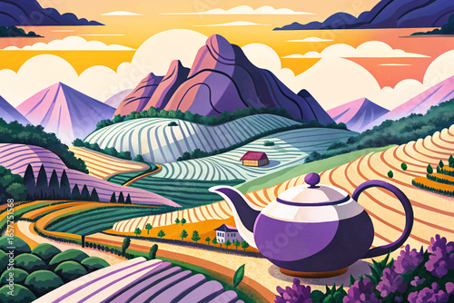 Artistic tea plantation landscape with mountains shaped like a teapot. Creative surreal scenery combining nature and imagination, perfect for fantasy artwork, poster, and digital design.