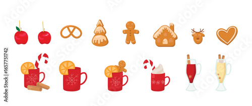 Christmas market food and drinks set. Vector stock illustration isolated on white background for design template menu, decoration winter market house, print paper, glass, ceramic cup