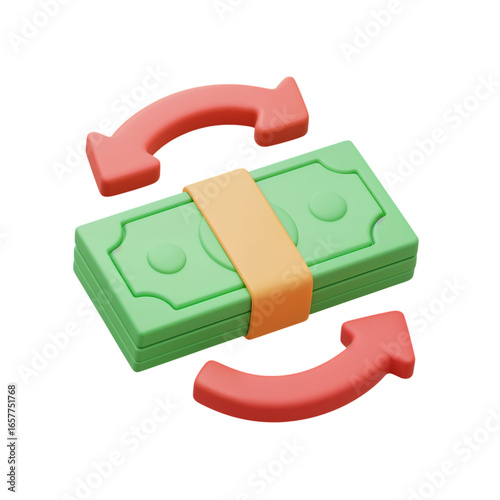 3d illustration of a stack of money with a circular arrow indicating financial exchange and cash flow isolated on transparent background