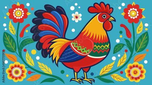Colorful rooster illustration with floral accents, vibrant hues celebrating folk art.