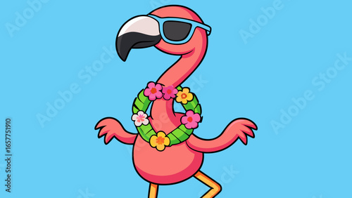 A vibrant pink flamingo wearing stylish sunglasses and a floral lei, exuding a fun summer vibe.