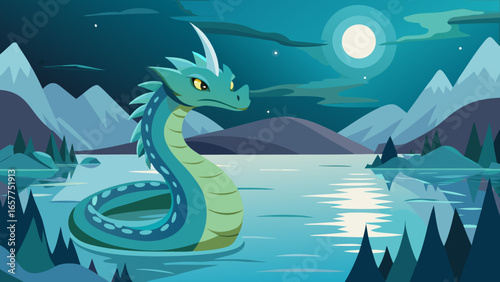 A mystical green sea serpent rises from a calm lake under the glowing moonlight in a vibrant, fantasy landscape.