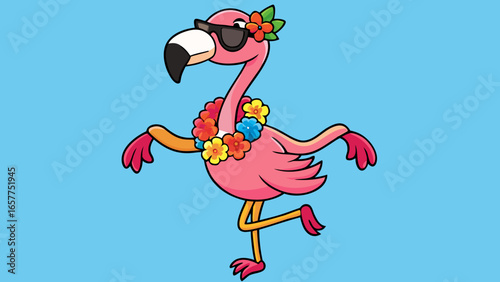 A colorful cartoon flamingo wearing sunglasses and a flower lei, dancing cheerfully against a bright blue background.