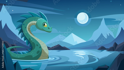 A whimsical green dragon emerging from tranquil waters under a glowing moon, surrounded by serene mountains.