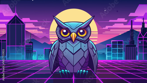 A stylized cartoon owl gazes over a vibrant neon cityscape under a purple sunset.