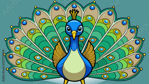 A vibrant and colorful cartoon peacock with intricately detailed feathers displaying a beautiful array of blues and greens.