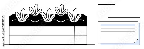 Raised garden bed with plants growing in soil next to a planning document. Ideal for gardening, sustainability, agriculture, urban farming, food production, education, and eco-friendly practices