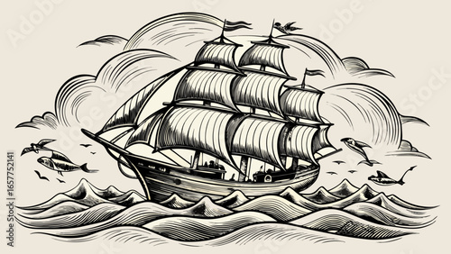 A beautifully detailed illustration of a classic sailing ship navigating through turbulent waves.