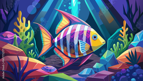 A vibrant, colorful fish swims through a coral reef, showcasing bright stripes and playful hues in a mesmerizing underwater scene.