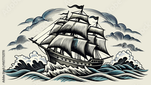 A majestic sailing ship navigating turbulent waters, showcasing dynamic waves and stylized clouds.