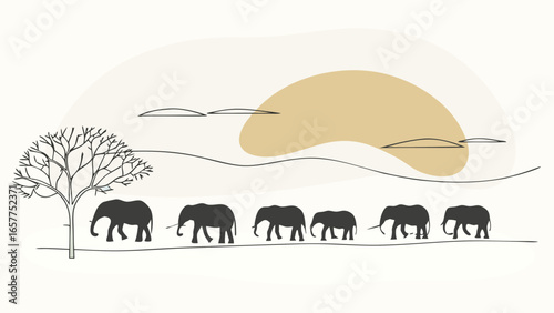 A serene illustration of elephants walking in a line against a warm sunset backdrop, featuring a lone tree.