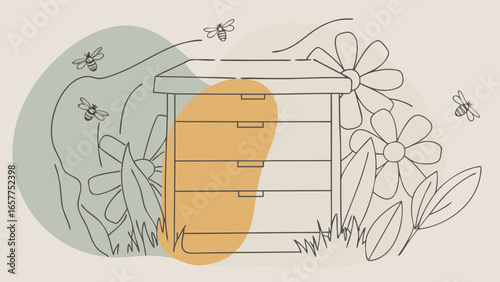 An illustration of a beehive surrounded by flowers and buzzing bees, celebrating nature's pollinators.