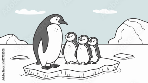 A mother penguin stands proudly on an ice floe with three adorable chicks in a serene winter landscape.