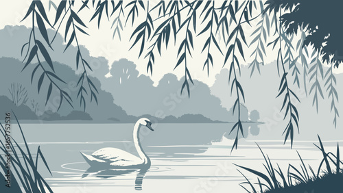 A serene white swan glides gracefully across a calm lake, framed by overhanging willow branches in a tranquil landscape.