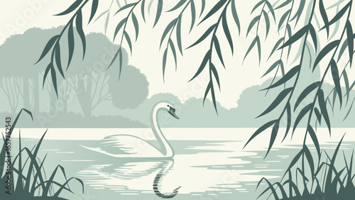 A serene white swan gliding peacefully on a tranquil lake surrounded by lush greenery.