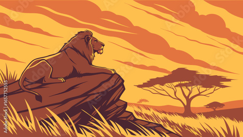 A majestic lion rests on a rocky outcrop at sunset, surrounded by golden grasslands and acacia trees under a vibrant sky.