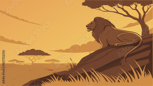Majestic lion resting on a rocky outcrop at sunset, silhouetted against an orange sky.