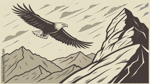 A majestic eagle soars above rugged mountains, embodying freedom and strength in a dramatic black and white illustration.