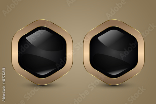 Set of two premium hexagon buttons, group of Luxury Hexagon buttons with Golden Frame Vector Illustration. 2 Luxury Realistic Isolated Website Elements Vector