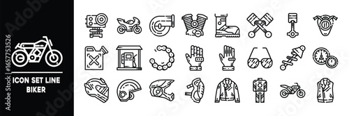 Biker Line Icon Set Featuring Motorcycles, Gear, and Accessories.