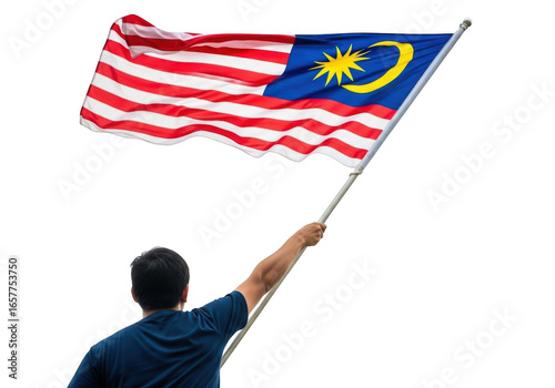 Man holding malaysian flag waving on pole isolated on transparent background