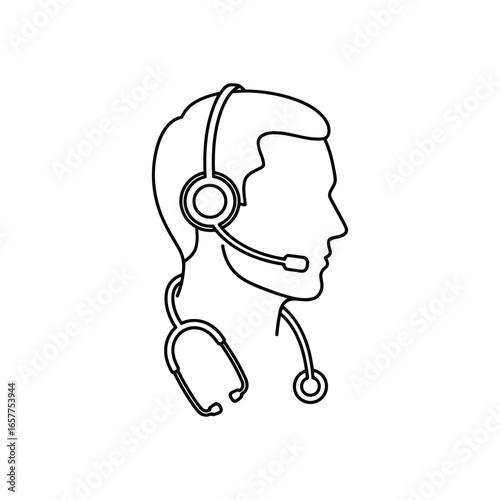 Medical Support with Headset Line Art Vector Icon – Telemedicine and Call Center Concept