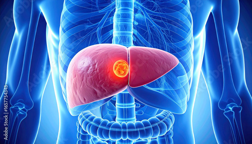 A detailed 3d medical rendering illustrating a serious liver tumor glowing intensely red within a clinical blue male torso visualization on an abstract dark background.
