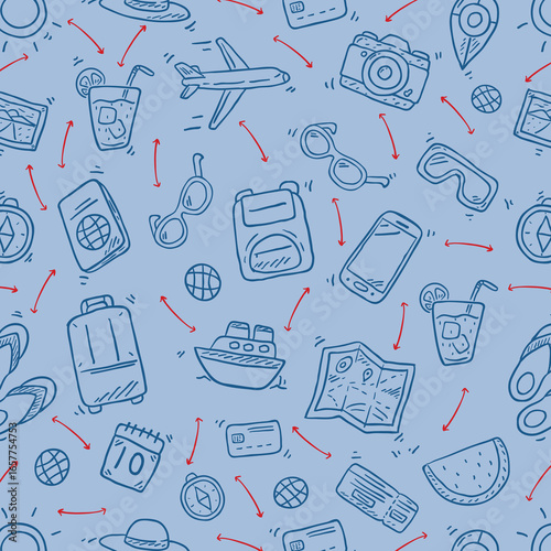 Seamless monochrome pattern on checkered paper. Icon set of elements for summer vacation travel, hand drawn vector doodles in line style. Line contour in sketch style.