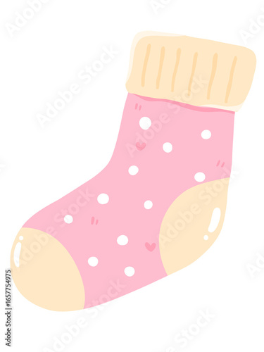 Cute kawaii pink sock cartoon with polka dots, cozy winter Christmas holiday illustration isolated, perfect for New Year, Valentine’s Day, Thanksgiving and autumn designs