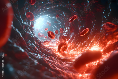 Macro image of red blood cells and fat in blood vessels