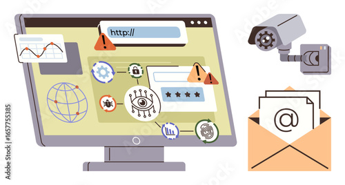 Computer monitor with warning alerts, security icons, email envelope, and surveillance camera. Ideal for online security, data protection, hacking awareness, surveillance, awareness training email