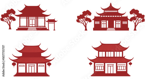 Traditional chinese pagodas and trees in red silhouette on white background