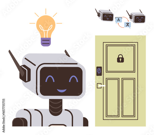 Smiling robot with antenna, glowing light bulb above, keyless smart door lock, diagram highlighting AI translation workflow. Ideal for innovation, AI, robotics, automation, smart home technology