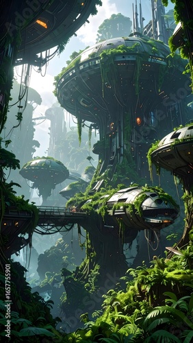 A vast forest thriving on the wreckage of starships, vines entwined with steel hulls as nature reclaims technology—an overgrown vision of Earth’s post-human future, surreal and cinematic in detail.