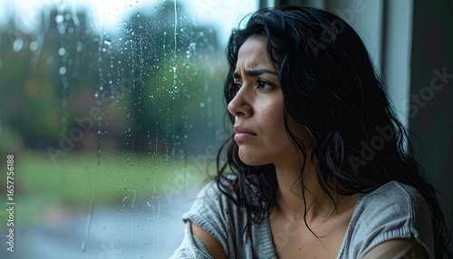 A cinematic close-up captures a young, melancholy woman looking out a window covered in raindrops on a muted, rainy day.