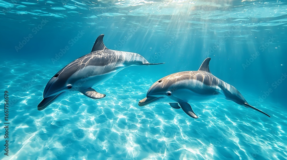 Naklejka premium Dolphins swimming underwater scene