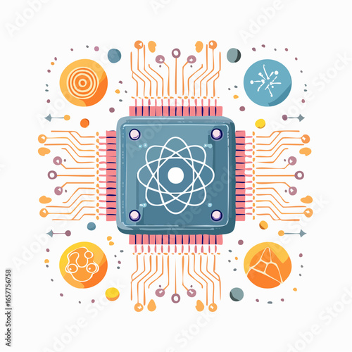 Quantum computing vector icons set with qubits, entanglement, and futuristic science symbols in modern flat design for education, innovation, and technology projects.
