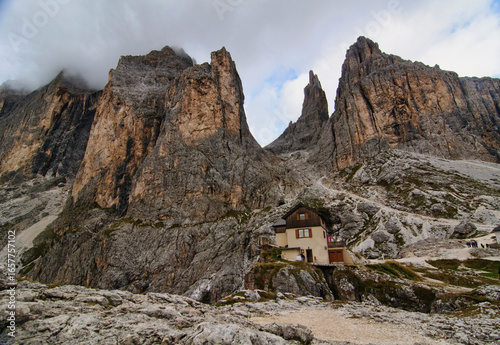 The mighty Vajolet Towers and Four Wheel Drive in the Catinaccio (Rosengarten) in the Dolomites of Italy