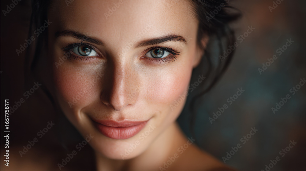 Fototapeta premium Close up portrait of woman with striking blue eyes and warm smile, showcasing her natural beauty and flawless skin. soft lighting enhances her features, creating inviting and serene atmosphere
