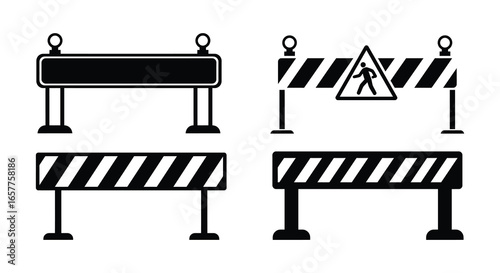 Black and white construction barriers and roadblock signs on white background silhouette