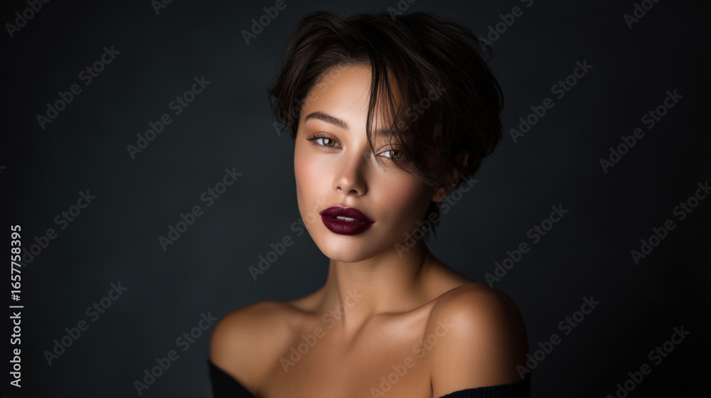 Fototapeta premium Elegant portrait of woman with short hair, showcasing bold dark lip color against dark background. soft lighting highlights her facial features, creating striking and sophisticated look