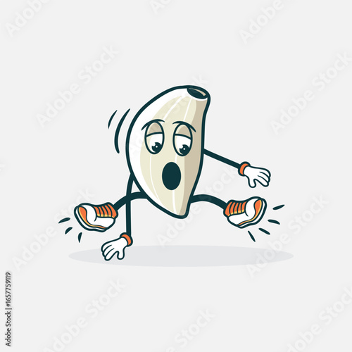 A surprised garlic clove character loses its shoes