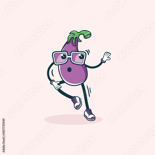 A fun cartoon eggplant dances wearing glasses and sneakers